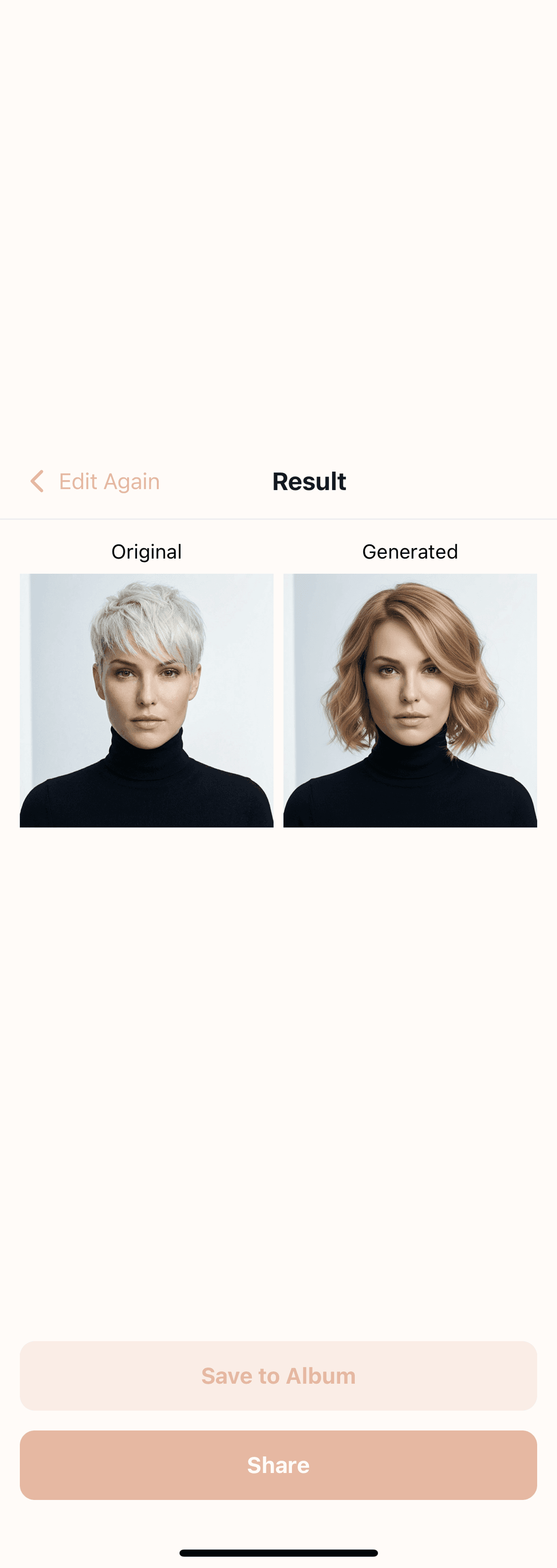 AI Hairstyle Studio step 3: See Yourself. AI instantly applies the hairstyle to your photo - new look, new you!